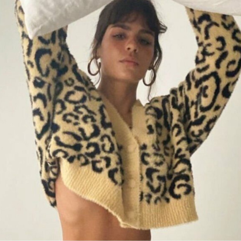 For Love and Lemon's Frankie Animal Leopard Print Knit Crop Cardigan Sweater